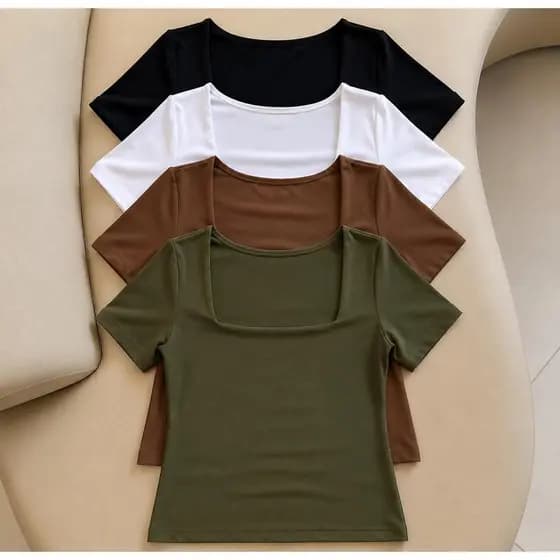 kit 4 Blusas Feminina Baby Look Manga Curta Gola Quadrada Decote Quadrado Moda Casual Versátil Blogueira 2025