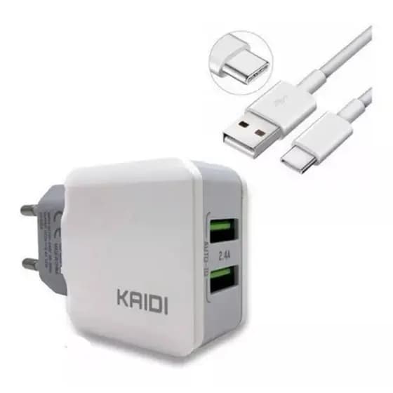 Carregador Kaidi Rápido Celular Smartphone 2 Usb Cabo Tipo C Cor Branco 12w