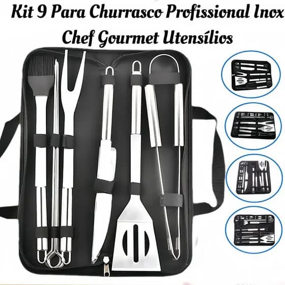 Kit 9 Peças Para Churrasco Profissional Inox Chef Gourmet Utensílios Luxo Envio Imediato
