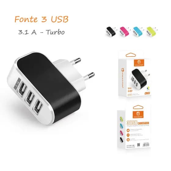 Fonte Carregador Turbo 3 USB 3.1A Original 3 Entradas Fonte USB Rápido LED CB03 FU