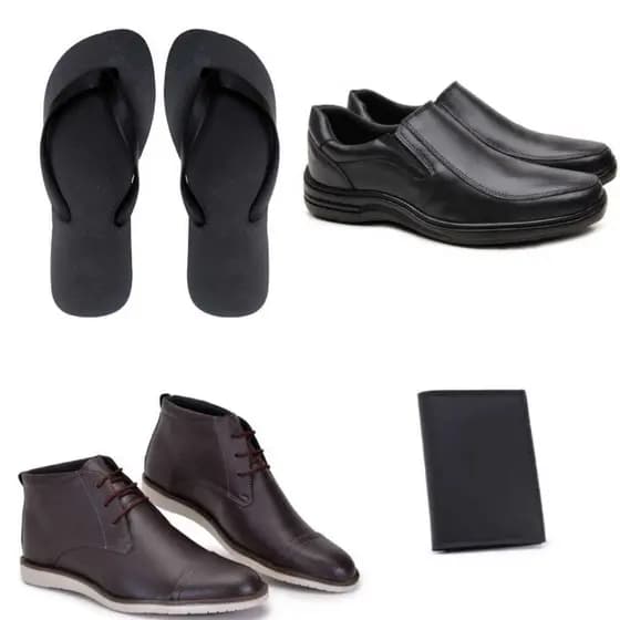 Sapato Social liso Confortável Preto + Sapato social cano baixo em couro sintético com cadarço + Porta Cartão + Chinelo