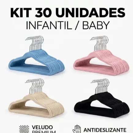 Kit 30 Cabides Infantis Baby de Veludo Antideslizante Azul, Rosa, Bege e Preto 29,5cm