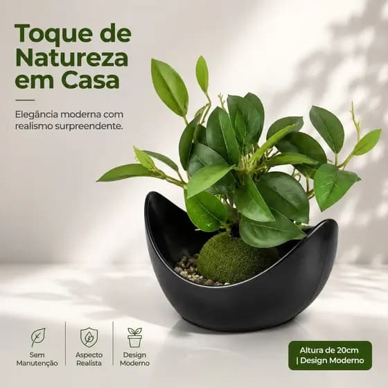 Planta Artificial Decorativa Com Vaso Preto Moderno 20cm