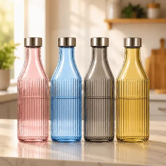 Garrafa De Vidro 1 Litro Quadrada Canelada Tampa Inox Água Suco Para Geladeira