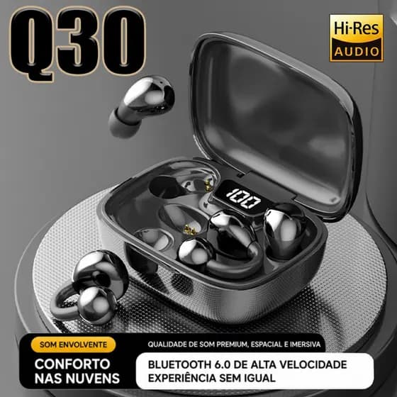 Fone de Ouvido Bluetooth Q30 6.0, 2 em 1 com 4 Fones, Open Ear, Display LED e Até 72h