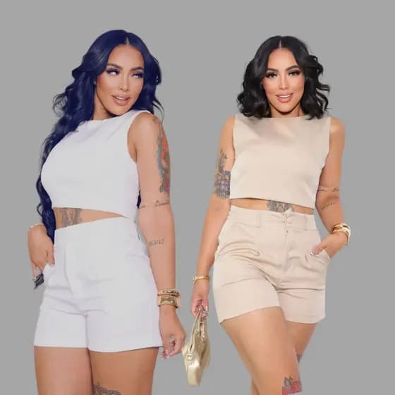 conjunto feminino elegante, short social cintura alta blusa com ziper nas costas