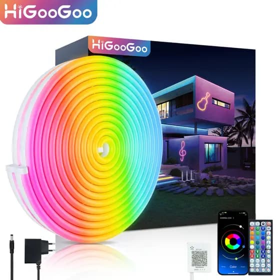 Fita Neon LED RGB HiGooGoo Com APP Controle Remoto Sincroniza Música Luz Neon Flexível Para Quarto Gamer Decoração