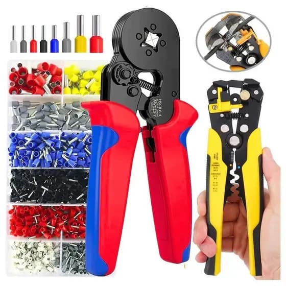 Kit Alicate Crimpar Cripador + 1200 Terminais Ilhos + Alicate Descascador Decapador 0,25 Até 10mm²