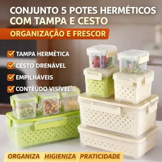 Conjunto 5 Potes Herméticos Plásticos Tampas Cesto Organização Armazenamento Alimentos