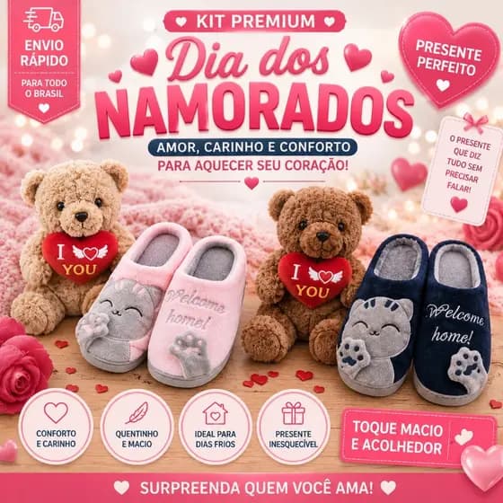 KIT Dia Dos Namorados Presente Pantufa + Ursinho I LOVE YOU 25cm Cesta Presente Amor Lembrancinha