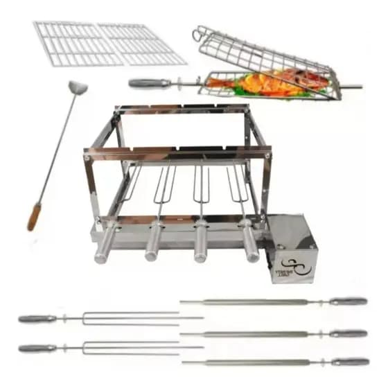 Kit Gira Grill 4 Espeto Inox Completo Direito