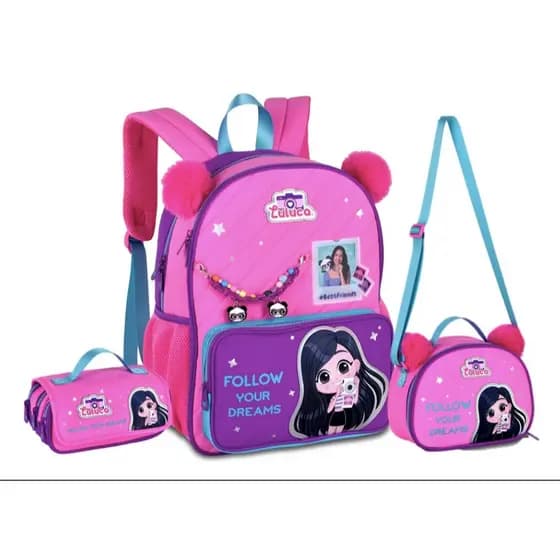 Mochila Costas Luluca Pandinha Lancheira Estojo Rosa - Conforto e Estilo com Design Ergonômico