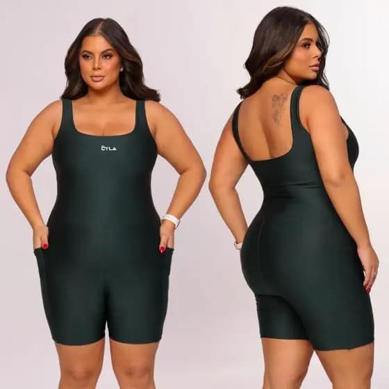 Macaquinho Fitness Para Academia Short Suplex Plus Size Zero Transparência Com Bolso Moda Feminina Confortável