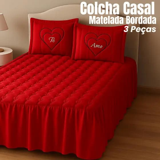 Colcha Casal Kit 3 Peças Com Babado Te Amo Bordada Cobre Leito Diversas Cores Preço Barato