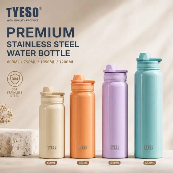 Garrafa Térmica Esportiva TYESO Inox 600ml/750ml/1050ml/1200ml Portátil Grande Capacidade Preservação térmica duradoura