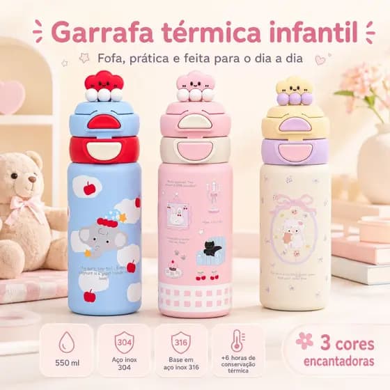 Copo térmico infantil 550ml em aço inox 316, com desenho de desenho animado fofo, tampa abre e fecha, corpo portátil