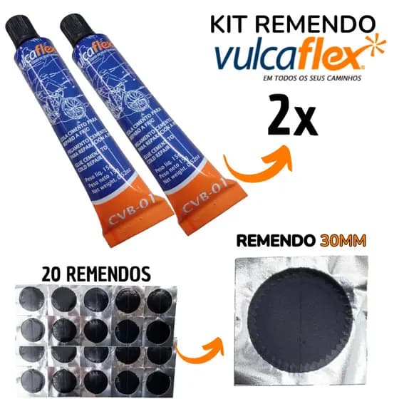 Kit Remendo Camara de Ar Bike Moto Pneu Vulcaflex 2 Colas 15g + 20 Remendos 30mm Preto