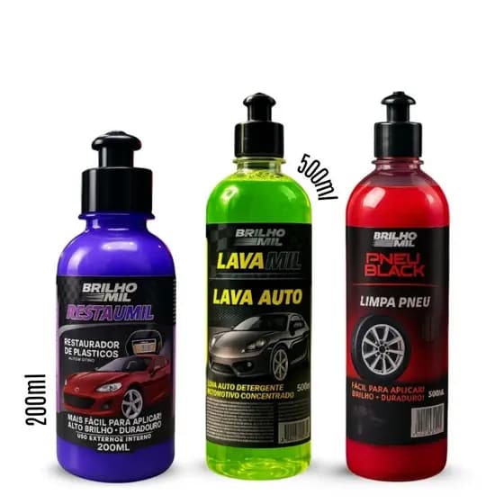 Kit Automotivo 3 em 1 – Shampoo + Pneu Pretinho + Restaurador de Plásticos –Duradouro - Brilho Mil