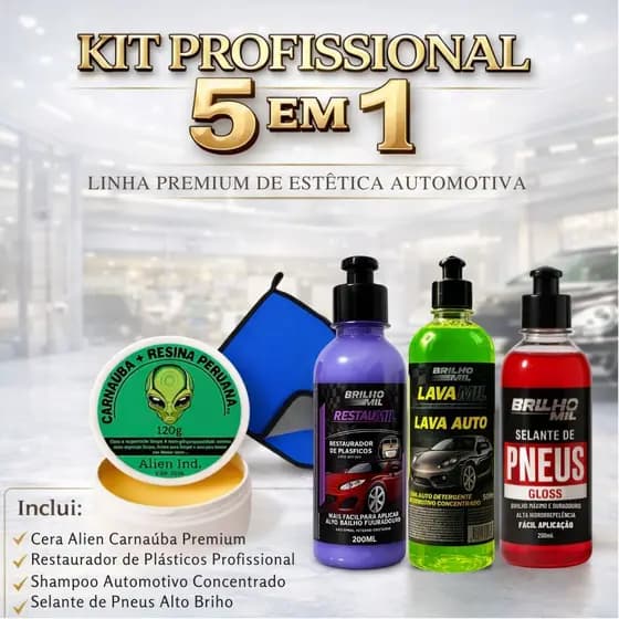 Cera Alien Ind Automotiva + Shampoo Auto + Restaurador de Plástico + Pneu Pretinho+Toalha Microfibra