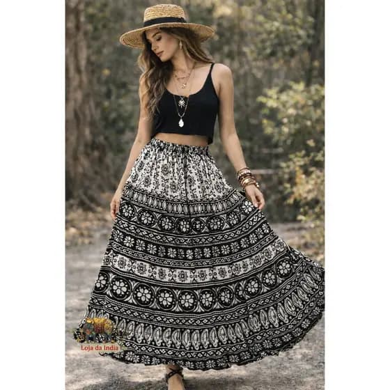 Saia Indiana Longa-saia Hip- Saia Maia Preta E Branco