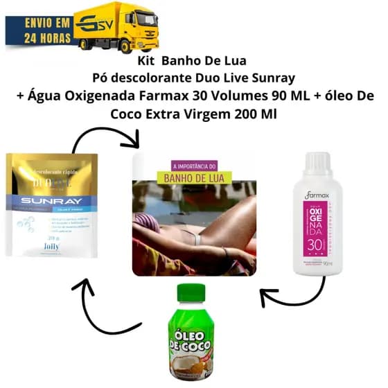 Kit Banho De Lua Pó Descolorante Sunray 20 Gr + Água Oxigenada Farmax 30 Vol + Óleo de Coco 200 Ml