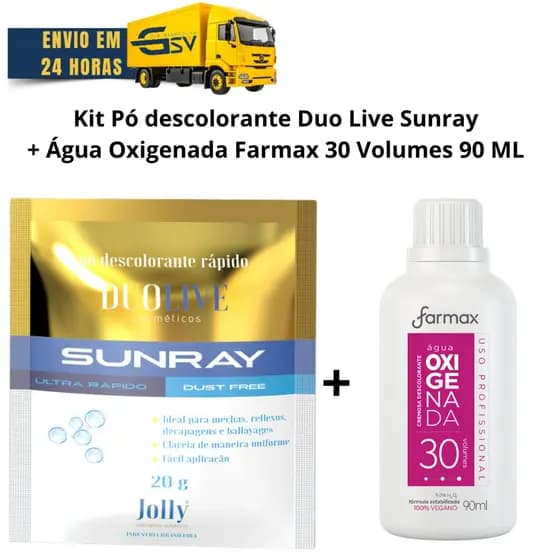 Kit Pó Descolorante Sunray Duo Live 20 Gr + Água Oxigenada Farmax 30 Volumes 90 ML