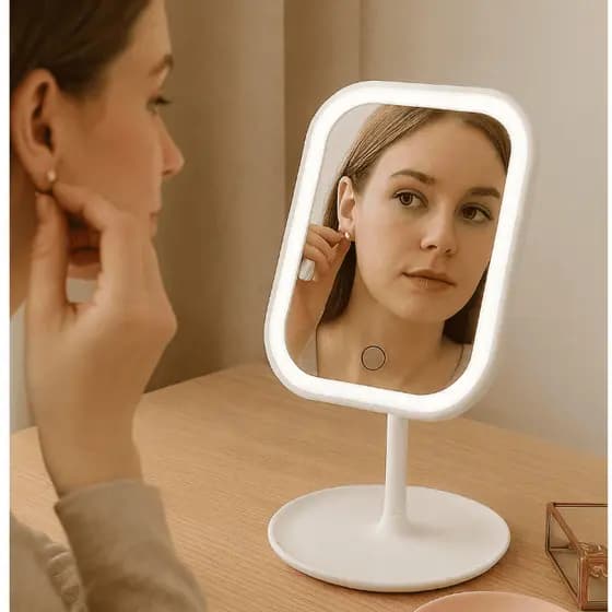 ESPELHO LED ROSA BRANCO PORTÁTIL PARA MAQUIAGEM COM BASE ORGANIZADORA TOUCH ILUMINAÇÃO AJUSTÁVEL USB