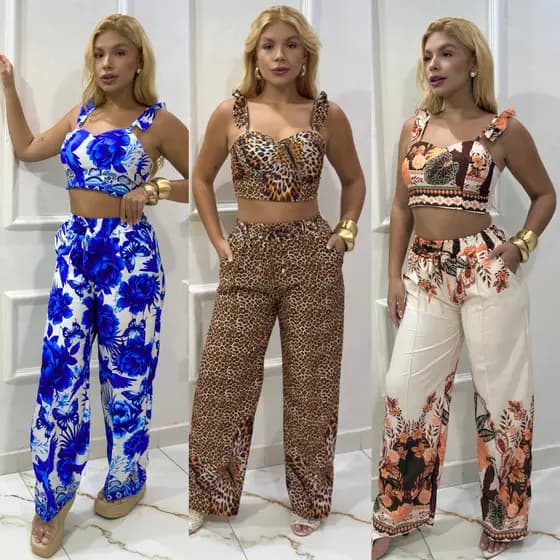 Conjunto de calça pantalona, com croped elástico na cintura e dois cintos frontais, proporciona elegância e praticidade
