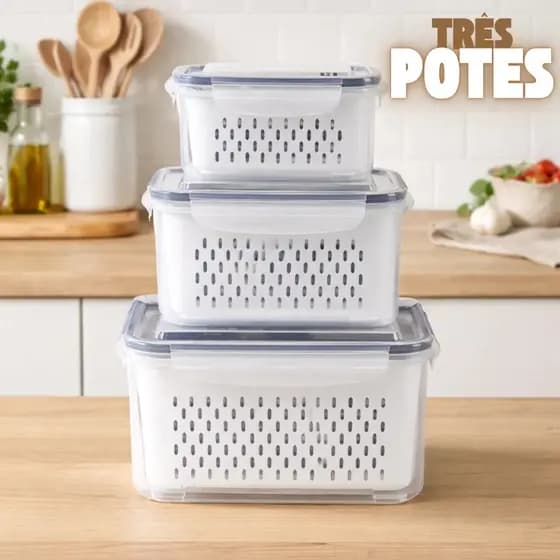 Organizador com 3 potes Herméticos kit de geladeira para frutas, alimentos inclui cesto tampa