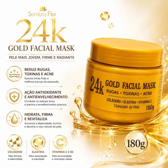 Máscara Facial 24K Gold 180g com Colágeno e Vitamina C Hidratação e Nutrição Blue Moon