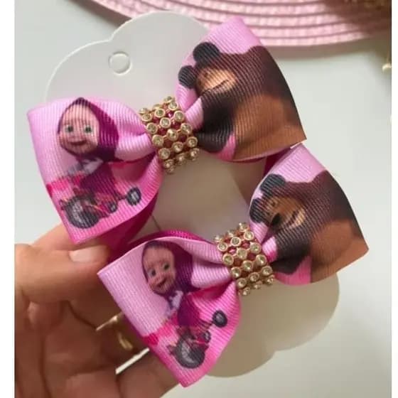 Par de Laços Infantil Masha e o Urso Com Strass