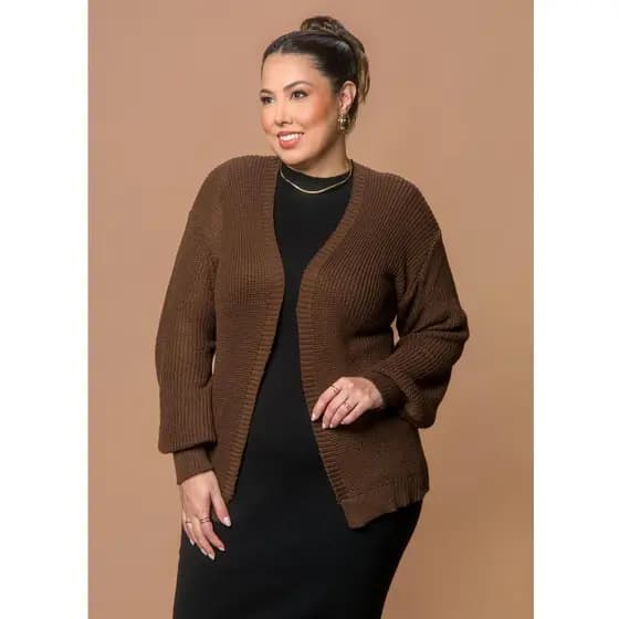Cardigan Feminino em Tricot Aberto Manga Longa
