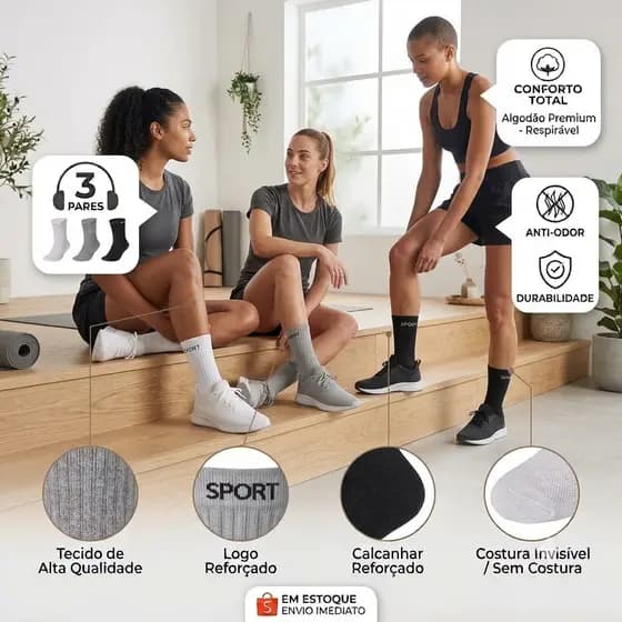 Kit Pares Meia Cano Alto Esportiva Canelada Unissex Algodão Macia (Preto, Cinza, Branco)
