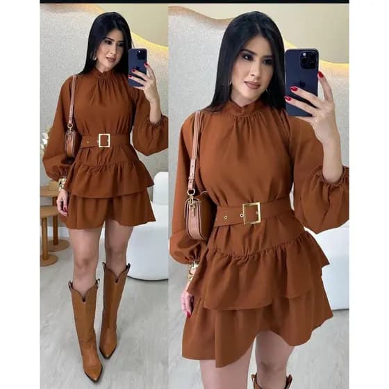 Vestido Boho Chic Soltinho Manga Longa com Cinto babado na Barra Outono Inverno Tendência