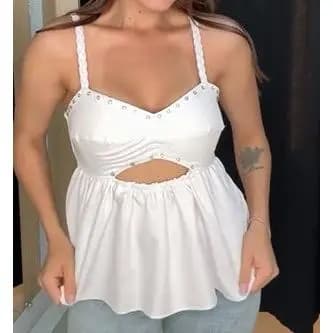 Blusa Feminina Batinha Strass Elastex Alfaiataria Alcinha Trançada Verão Carnaval Regata Peplum