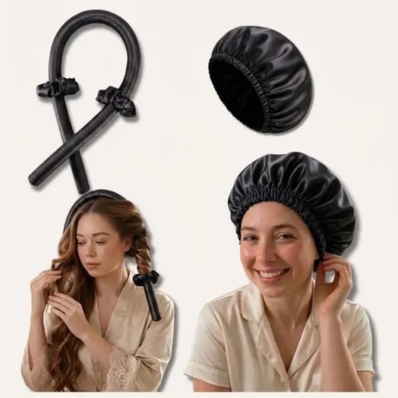 kit Modelador de Cachos Cetim Sem Calor+ touca de Cetim Dupla Face + 2 Scrunchies para cabelo Femino
