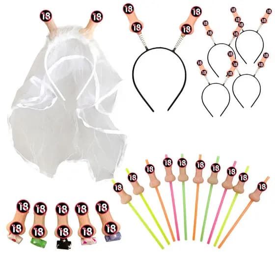 Kit Despedida de Solteira 1 Véu de Noiva Erótico + 10 canudos cor de Pele + 5 Tiaras cor de Pele + 5 Lingua de sogra