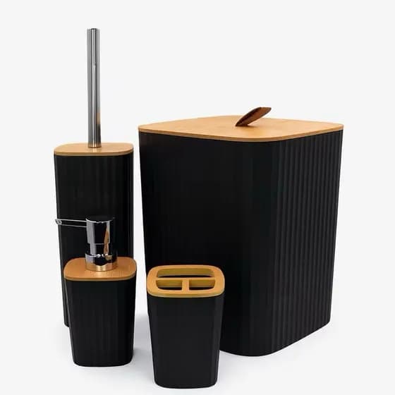 Kit Banheiro 4 Peças Quadrado Tampa Bambu Lixeira Porta Escova Dispenser de Sabonete Liquido Escova