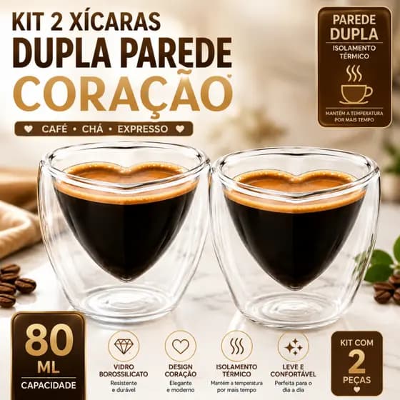 Kit 2 Xícaras Coração Para Café Chá De Vidro Borossolicato Parede Dupla 80 ml