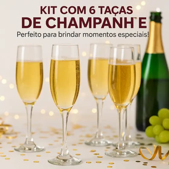 Taças Vidro Cristal Luxo Champagne Champanhe Jogo Conjunto 6 Peças Festas Ano Novo