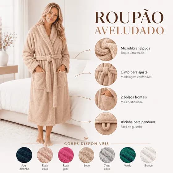 Roupão Aveludado Plush Flannel Fleece Unissex Manga Longa Luxo Com Bolso Quentinho