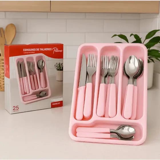 Jogo Talheres Inox 25 Peças Com Gaveteiro Colher Garfo Faca Inox - Rosa ou Branco