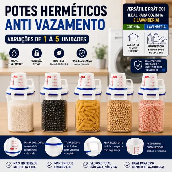 Potes Herméticos 1 a 5 Unidades BPA Free Tampa Medidora 2,5L Cozinha Lavanderia Organizadores