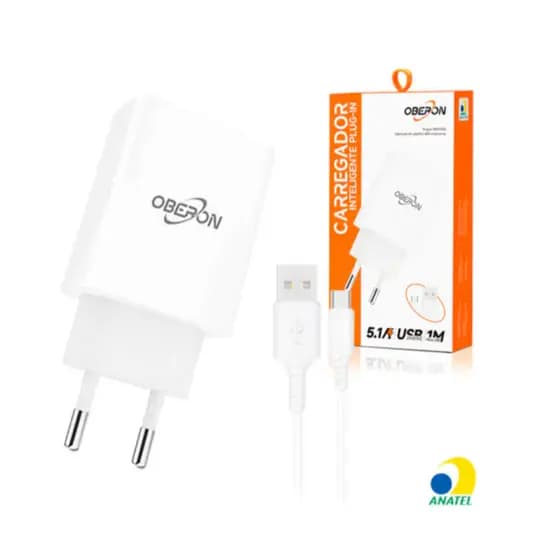 Carregador de Celular 5.1A com 2 Portas USB Com Cabo Tipo-C OBERON - OR-IC021/C
