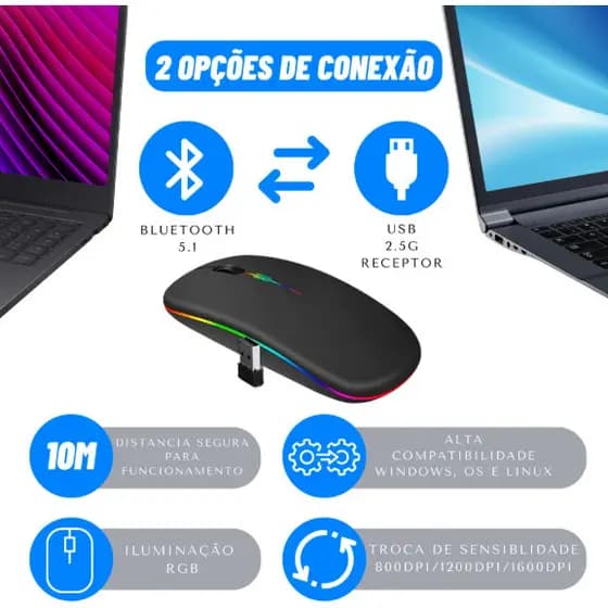 Mouse Sem Fio Recarregável Bluetooth 2.4GHz Com Receptor Nano USB RGB Ergonômico