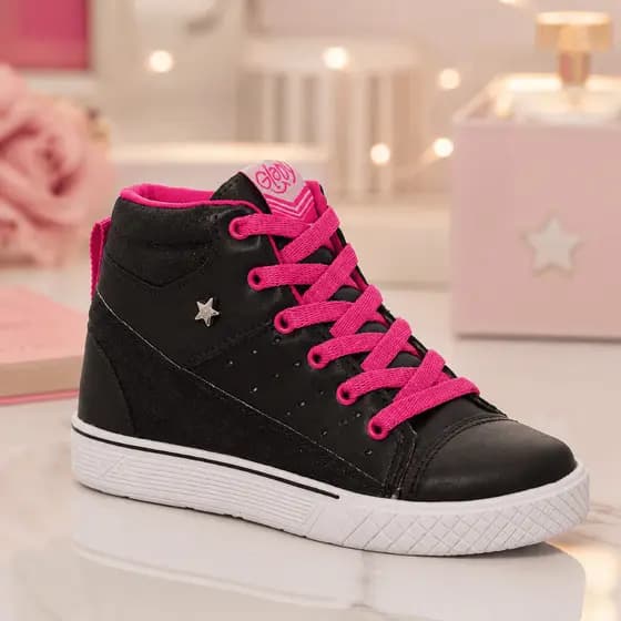 Tênis Infantil Cano Alto Glitter Menina Preto Festa Antiderrapante Confortável Estrela Promoção