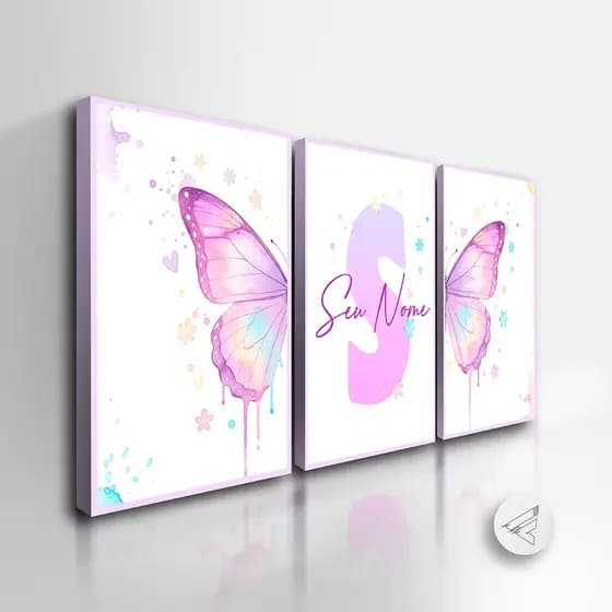 Kit 03 Quadros Decorativos Pintura Borboleta Lilás com *NOME PERSONALIZADO* para quarto, sala all
