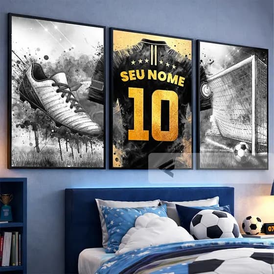 Quadro Decorativo Futebol Infantil 3 Peças Personalizado com Nome Chuteira Bola Quarto de Menino