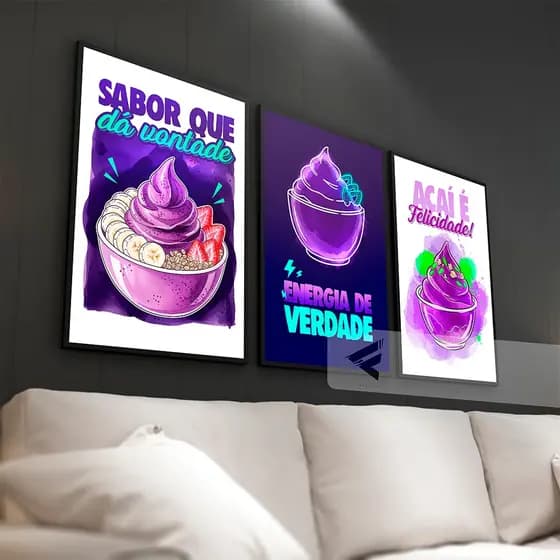 Kit 03 Quadros Decorativos Tema Açaí com frase para Sorveteria & Açaiteria!