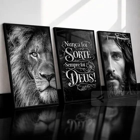 Kit 3 Quadros Leão e Jesus Cristo Frase Impactante Nunca Foi Sorte Sempre Foi Deus Decoração